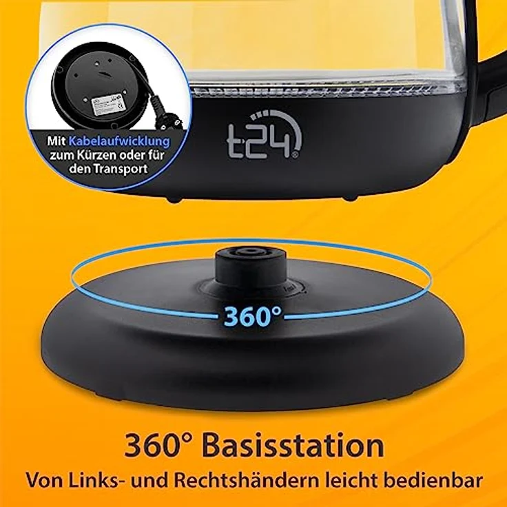 T24 Borosilikatglas Wasserkocher mit LED, 1100 Watt, 1 Liter, 360°-Basis, Glas, Edelstahl schwarz – Bild 7