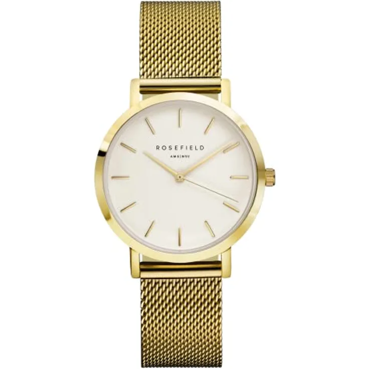 Rosefield The Tribeca Gold, Damenuhr 33 mm mit weißem Zifferblatt und goldenem Band, wasserdicht bis 3 ATM, inklusive Geschenkbox