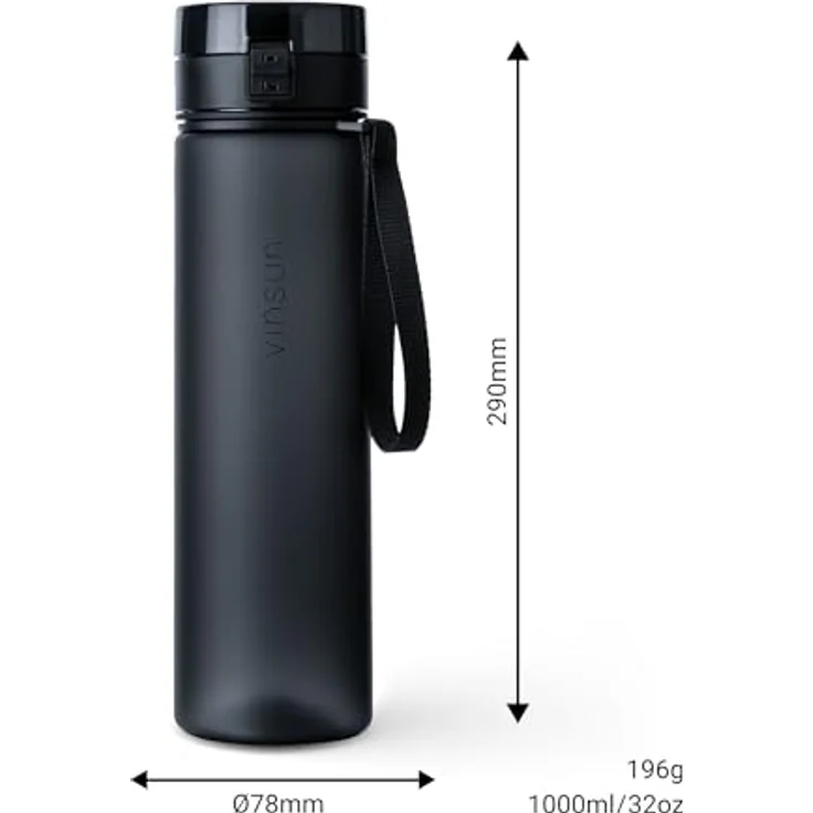 VINSUN Trinkflasche 1L schwarz - auslaufsicher, Kohlensäure geeignet, BPA frei, Tritan, Einhandbedienung - Leichte Wasser Flasche für Sport, Schule, Uni, Fahrrad – Bild 5