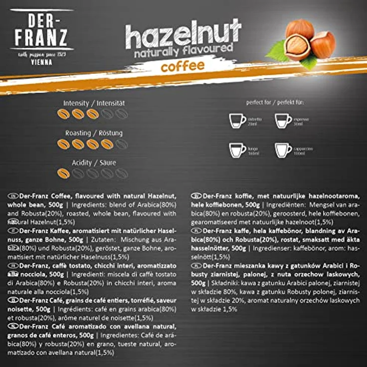 Der-Franz Kaffee, Mischung aus Arabica und Robusta, geröstet, ganze Bohne aromatisiert mit natürlicher Haselnuss UTZ, 3 x 500 g – Bild 3