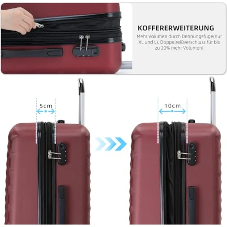 BEIBYE Trolley Koffer Reisekofferset, Hartschale mit Dehnungsfuge, 4 Zwillingsrollen, integriertes Sicherheits-Zahlenschloss, Handgepäck und Reisetasche, Wein Rot – Bild 2