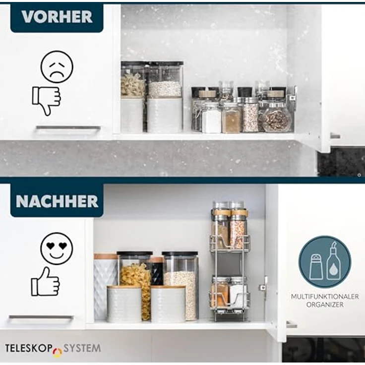 bremermann 2-stöckiges Teleskop-Gewürzregal, Schrankeinsatz für Regale Schränke und Speisekammer - Chrom, robustes Metall, belastbar bis 5 kg – Bild 4