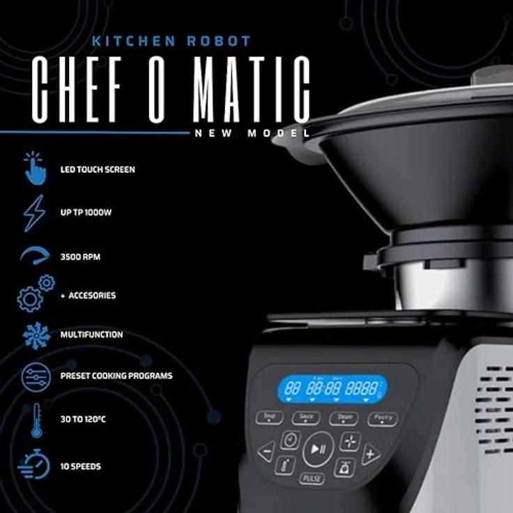 Küchenmaschine, Chef O Matic Kitchen Robot, 1000 W, 3 l, 3500 U/min, mehrere Zubehörteile, 10 Geschwindigkeiten, LED-Touchscreen, multikocher – Bild 2