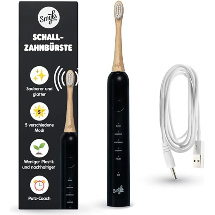Smyle Schallzahnbürste mit Sensor – 3 Monate Akkulaufzeit, 5 Putzmodi, wasserdicht und intelligente Timer-Funktion (Schwarz) – Elektrische Zahnbürste mit lebenslanger Garantie – Bild 1