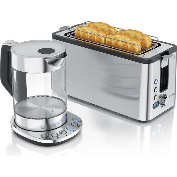 Arendo Frühstücks-Set Edelstahl, 1,5l Wasserkocher mit Temperatureinstellung und 4 Scheiben Langschlitztoaster mit Brötchenaufsatz, silber