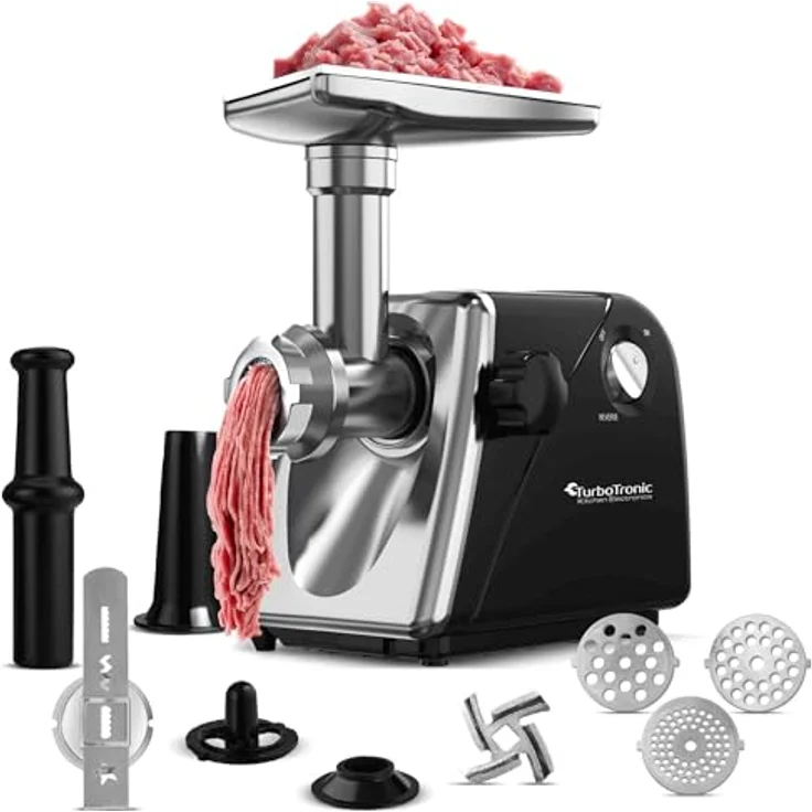 TurboTronic Elektrischer Fleischwolf Samurai - 2000W, rostfreie Edelstahl Klingen, Metallgetriebe, Wurstfüller mit Spritzgebäckvorsatz, Kebbeh Aufsatz, Hackfleisch Mett, Silber – Bild 2