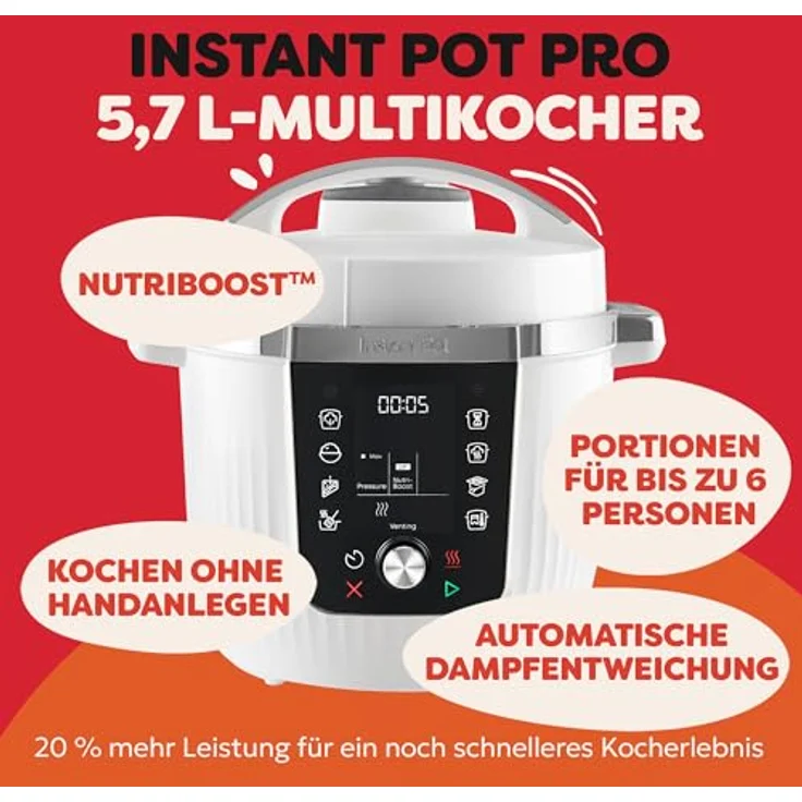 Instant Pot Pro 112-0001-01-EU, Multikocher 10-in-1 mit 1200 W, 5.7 l Schüssel, Farbe Coconut White – Bild 2