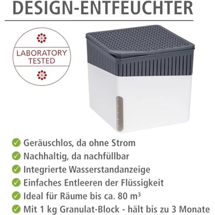 WENKO Raumentfeuchter Cube, Luftentfeuchter reduziert Schimmel und Gerüche, Auffangschale mit 1 kg Granulatblock nachfüllbar, fasst bis zu 1,6 l Feuchtigkeit, Maße (BHT): 16,5x15,7x16,5 cm, weiß – Bild 2