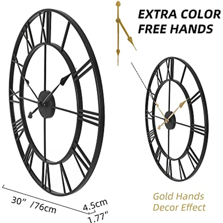 Samilito Große Wanduhr im Vintage-Stil, rund, geräuschlos, schwarz. Gratis dazu EIN Extraset Uhrzeiger in Gold. Die Metalluhr für Loft, Wohnzimmer, Schlafzimmer und Küchendekoration (Schwarz). (76cm) – Bild 3