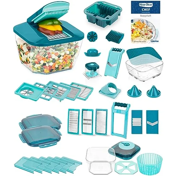 Nicer Dicer Chef Professional Deluxe Gemüseschneider manuell 39-tlg, Gemüsehobel mit 5.2L Behälter und 2.8L Glassschüssel Deckel, Spiralschneider Pommesschneider Küchenhelfer mit einfacher Reinigung