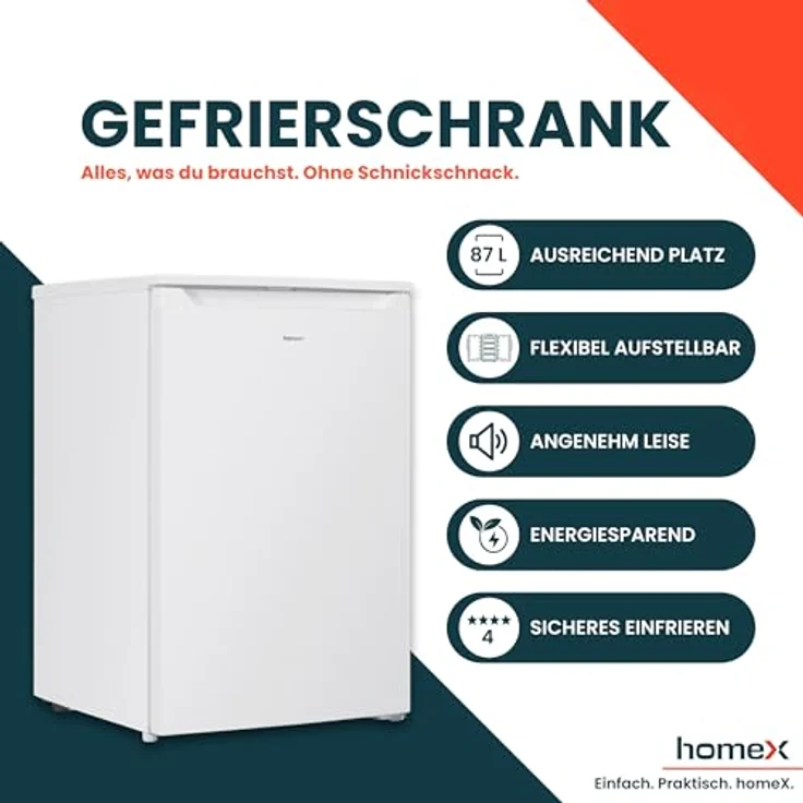 homeX FS871E-W Gefrierschrank, 4-Sterne Tiefkühlschrank mit 87L Nutzinhalt, kompakt, freistehend, leise, weiß – Bild 2