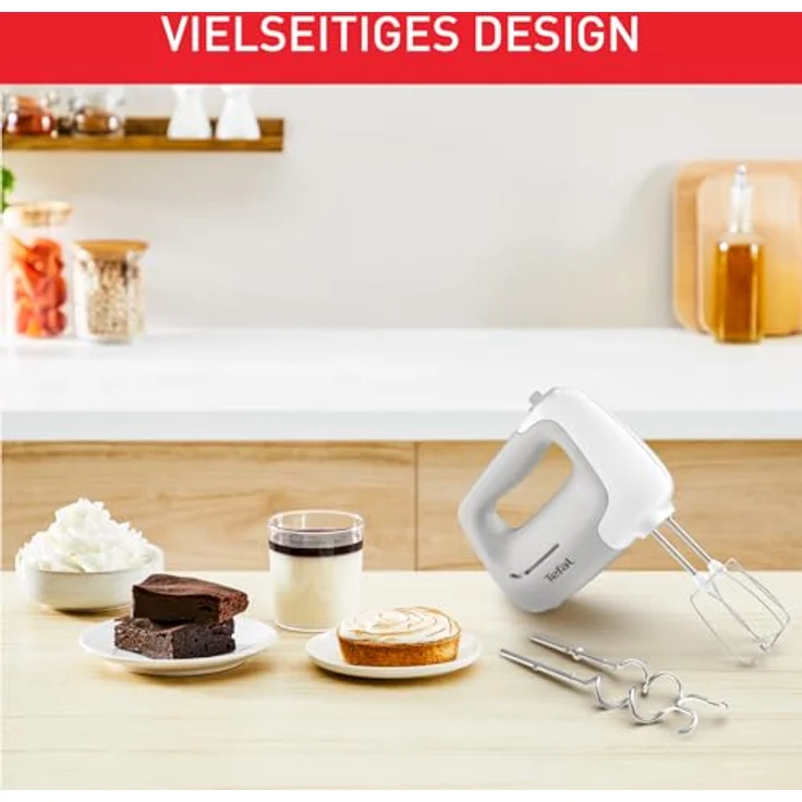 Tefal HT450B Prep'Mix Handmixer | 450 Watt | 5 Geschwindigkeiten | 2 Schneebesen und 2 Knethaken aus Edelstahl | vielseitiger Handmixer | ergonomisches Design | spülmaschinenfestes Zubehör | Weiß-Grau – Bild 2