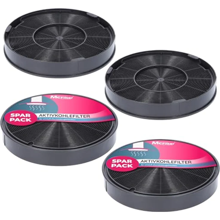 McFilter 4x Aktivkohlefilter Ø 200mm für Dunstabzugshaube - AEG/Electrolux 9029793578 EFF62, Franke 112.0016.755, Bosch/Siemens/NEFF 00748732 00748733 DHZ5316, Miele 06532971 DKF14-1 - Made in EU, Qualitätsmaterialien, effiziente Geruchsneutralisierung – Bild 1