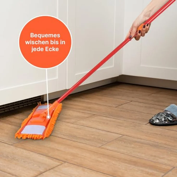 Bodenwischer Set ( Orange ) inkl. 4 Ersatzbezüge - Wischmopp mit Fußklick 360 Grad Gelenk für alle Ecken - Komfort Bodenreiniger Flachmopp Wischmopp – Bild 5