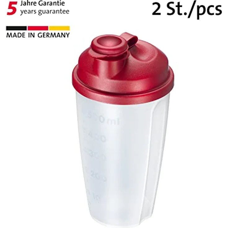 Westmark 2 Mix- und Schüttelbecher/Dressingshaker, 0,5l, BPA-frei, transluzent/rot, mit Mess-Skala, herausnehmbarer Mixscheibe und verschließbarem Ausgießer – Bild 2