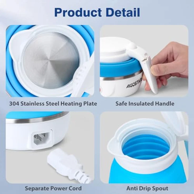 Aigostar Sapphire Mini Faltbarer Wasserkocher 600ml, Tragbarer Reisewasserkocher mit Edelstahlboden, Automatisches Abschalten, BPA-frei, 1000W, Blau – Bild 5