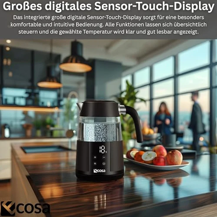ecosa Wasserkocher EO-699, 1.7 l, 2200 W, digitales Farb-Touchdisplay, 13 Temperaturstufen, Warmhaltefunktion, Kalkfilter, Borosilikatglas – Bild 3