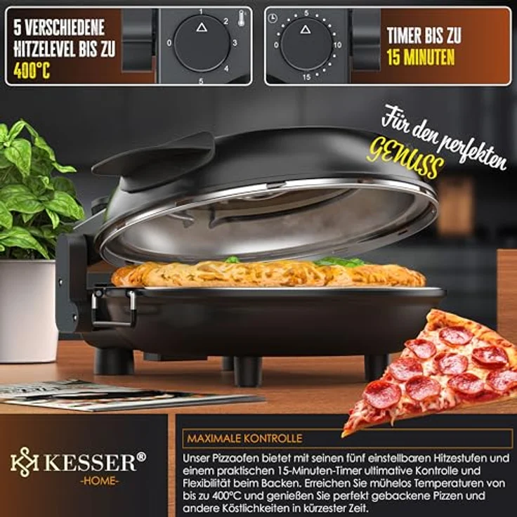 KESSER® Pizza-Ofen elektrisch bis 400 Grad | Elektrischer Pizzabäcker 1200W mit feuerfester Steinplatte & Timer Durchmesser 32cm | 5 Heizstufen & Sichtfenster | inkl. Pizzaschneider & Rezeptbuch – Bild 3