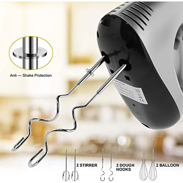 NWOUIIAY Handmixer Elektrisch 500W Handrührer 5 Drehzahl Turbinenfunktion mit 2 Mixer, 2 Haken, 2 Schneebesen - Einfaches Schlagen von Teig, Edelstahl, Schwarz – Bild 5