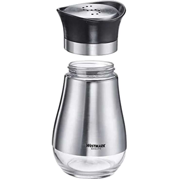 Westmark Menage Salz- und Pfefferstreuer, 3tlg., Fassungsvermögen: je 125 ml, Untenliegende Sichtfenster, Glas/Kunststoff/Edelstahl, Lissabon, Transparent/Silber/Schwarz, 63332260 – Bild 4