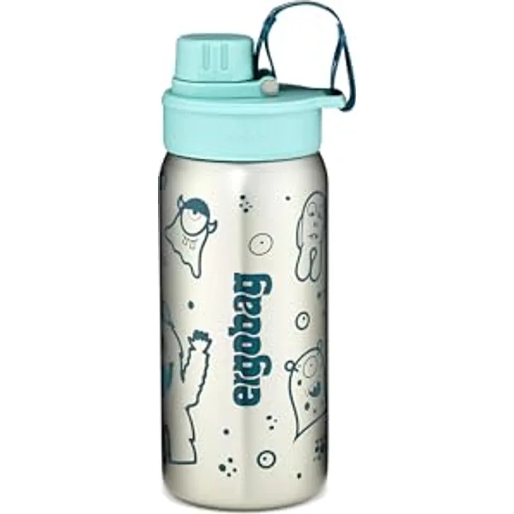 ergobag Trinkflasche aus Edelstahl, auslaufsichere 0,5 l Flasche mit Namensschild, Petrol