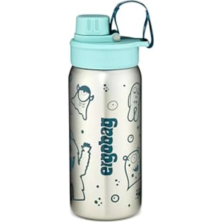 ergobag Trinkflasche aus Edelstahl, auslaufsichere 0,5 l Flasche mit Namensschild, Petrol – Bild 1