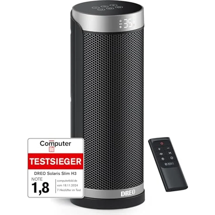Dreo Heizlüfter Energiesparend, PTC Keramik Heizlüfte Leise, 70° Oszillierend Elektroheizung mit Fernbedienung, 12-Std-Timer, 3 Modi 3 Geschwindigkeiten, Überhitzungs-Kippschutz, Solaris Slim H3, weiß – Bild 1