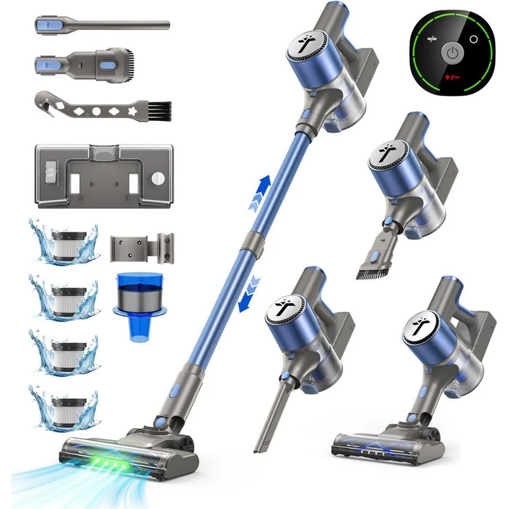 Teendow Akku-Hand- und Stielstaubsauger 2-in-1, 50KPa, 300W, kabellos, 60 Min Laufzeit, HEPA-Filter, 4 HEPA-Filterpatronen, mit LED-Beleuchtung