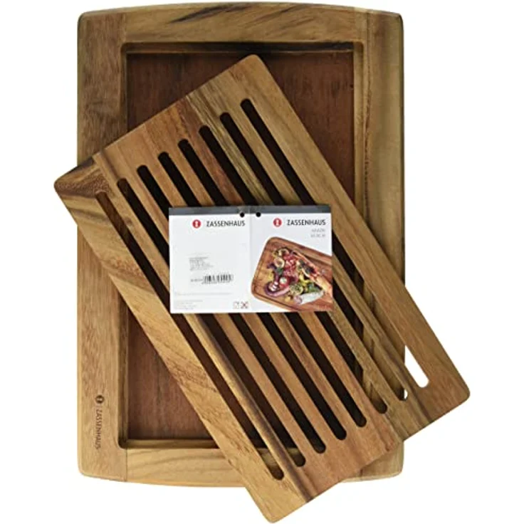 Zassenhaus Brotschneidebrett Gerillt , 42 x 28 x 2 cm , Mit herausnehmbarem Krümelgitter, Akazienholz , Schneidebrett für Brot, Brötchen und Baguette , Holz Küchenbrett , Klingenschonend – Bild 3