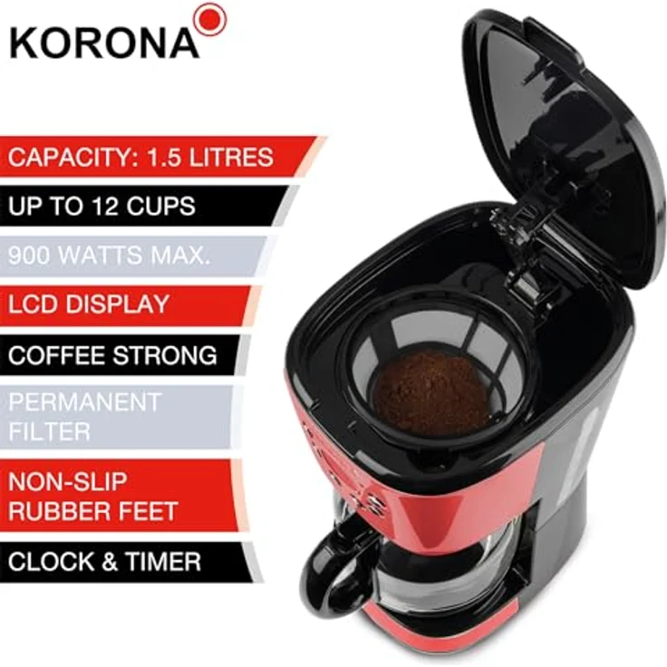 Korona 10667 Retro-Kaffeemaschine | Rot | 1,5 Liter | Filterkaffeemaschine | LCD-Display | Timer | Kaffeeautomat inkl. Permanentfilter – Bild 5