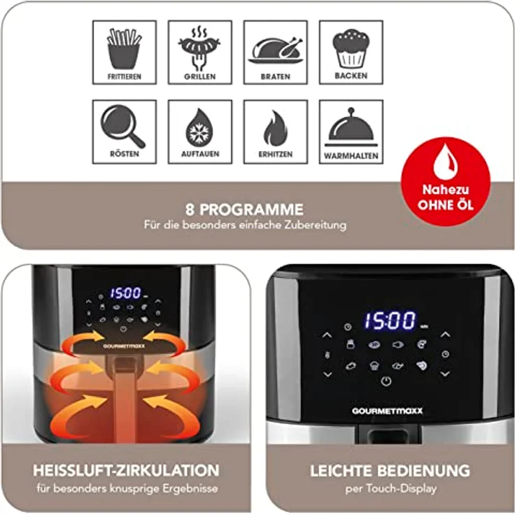 GOURMETmaxx Digitale Heißluft-Fritteuse XL 6,2 Liter | Kombination aus Heißluftofen, Grill und Fritteuse | 60 Min Timer, automatische Abschaltung, 8 Programme | Für besonders knusprige Ergebnisse – Bild 3