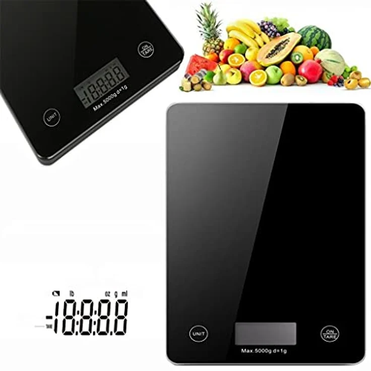 Retoo Digitale Küchenwaage bis zu 5 kg Tragkraft mit 1-g-genau und gehärtetes Glas, Digitalwaage mit Zuwiegefunktion & leicht ablesbarer LCD-Anzeige, Haushaltswaage mit Tara, Schwarz Essenswaage – Bild 5