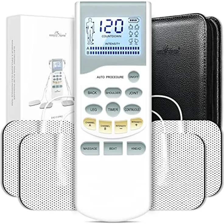Easy@Home TENS-Gerät Schmerztherapie: 2 unabhängige Kanäle wiederaufladbares Reizstromgerät Elektrostimulationsgerät mit hintergrundbeleuchtetem LCD-Display & leistungsstarker Pulsintensität - PL-029V