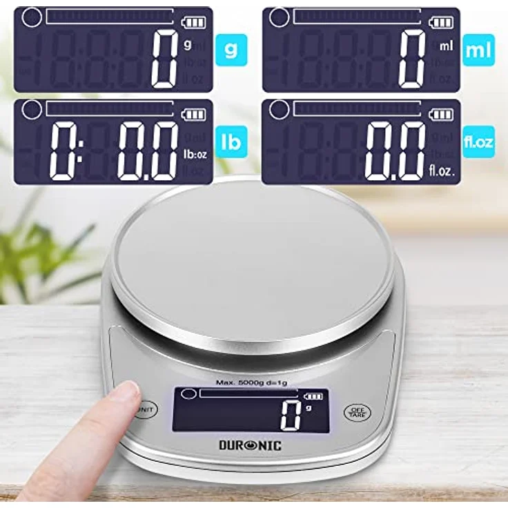 Duronic KS5000 SR/SS Küchenwaage | 5 kg Digitalwaage oval mit 2,5 L abnehmbarer Schüssel | 1 g grammgenau Präzision-Feinwaage | Haushaltswaage mit Tara-Funktion | Digitale Waage mit Hold-Funktion – Bild 4