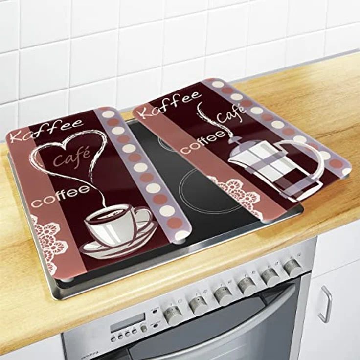 WENKO 2521492500 Herdabdeckplatte Universal Kaffeeduft, 2er Set, für alle Herdarten, Gehärtetes Glas, 30 x 1.8-5.5 x 52 cm, Mehrfarbig – Bild 2