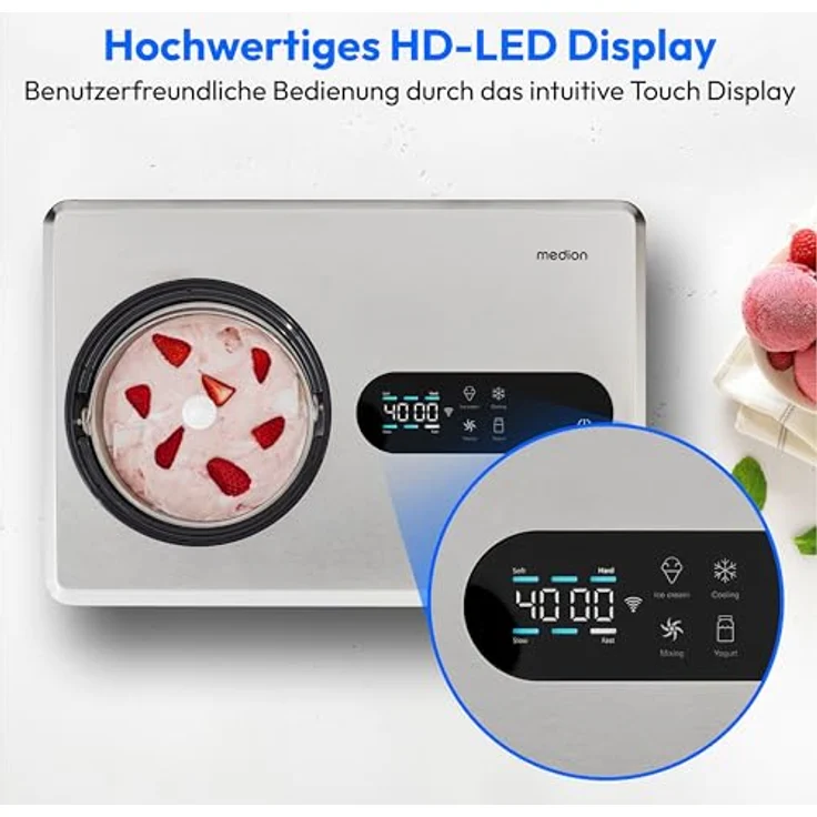 MEDION Smarte Eismaschine mit Kompressor MD12170, selbstkühlend, App Steuerung inkl. Eis-Rezepte, LED Display, 2 Liter, Joghurt Eiscreme, edelstahl – Bild 4