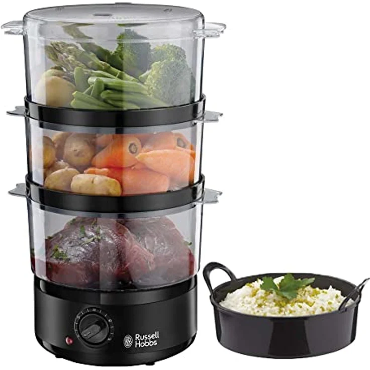 Russell Hobbs Dampfgarer [klein] 7,0l (60 Minuten Timer + Abschaltautomatik, 3 spülmaschinengeeignete Dampfgarbehälter + Reisschale / Reiskocher, BPA frei) Dampfkocher Compact 26530-56 – Bild 1