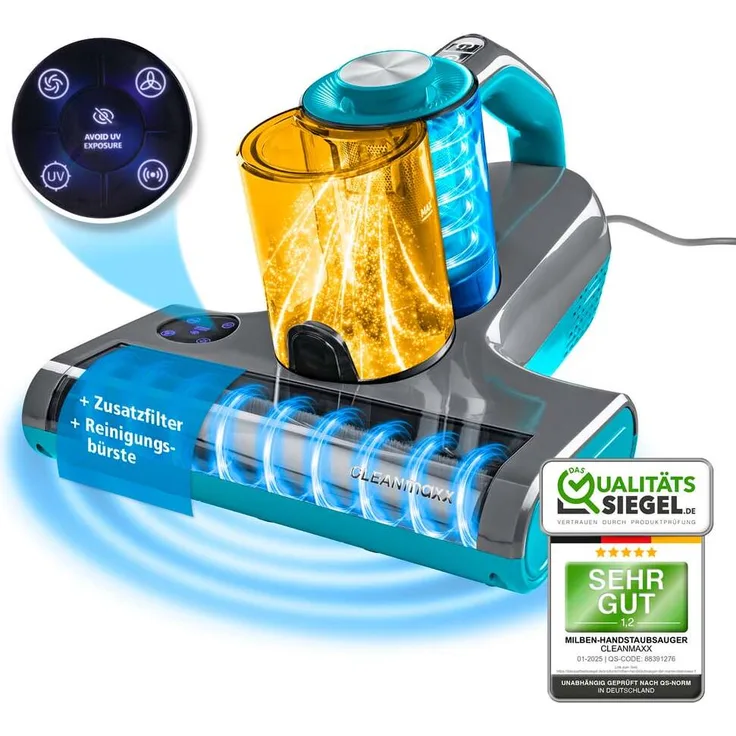DS Produkte CLEANmaxx Milben-Handstaubsauger Rotation Power mit UV-C-Licht 450W grau/blau, HEPA-Filter, Ultraschallfunktion, Wärmefunktion