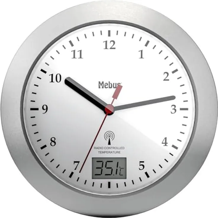 Mebus 41124 Funk Wanduhr 17 cm x 6 cm Silber Badezimmer-/Feuchtraum geeignet, Aluminiumgehäuse, inklusive 4 Saugnäpfe
