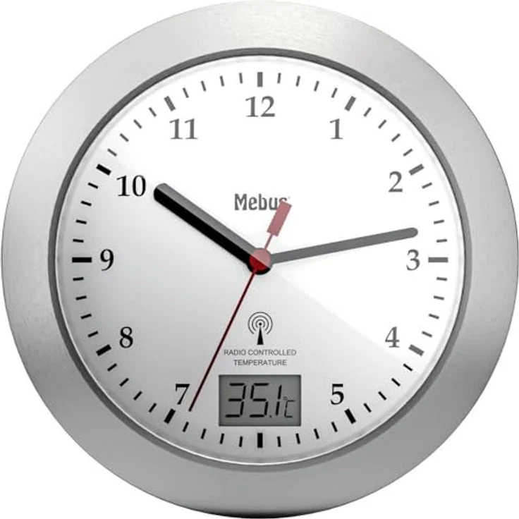 Mebus 41124 Funk Wanduhr 17 cm x 6 cm Silber Badezimmer-/Feuchtraum geeignet, Aluminiumgehäuse, inklusive 4 Saugnäpfe