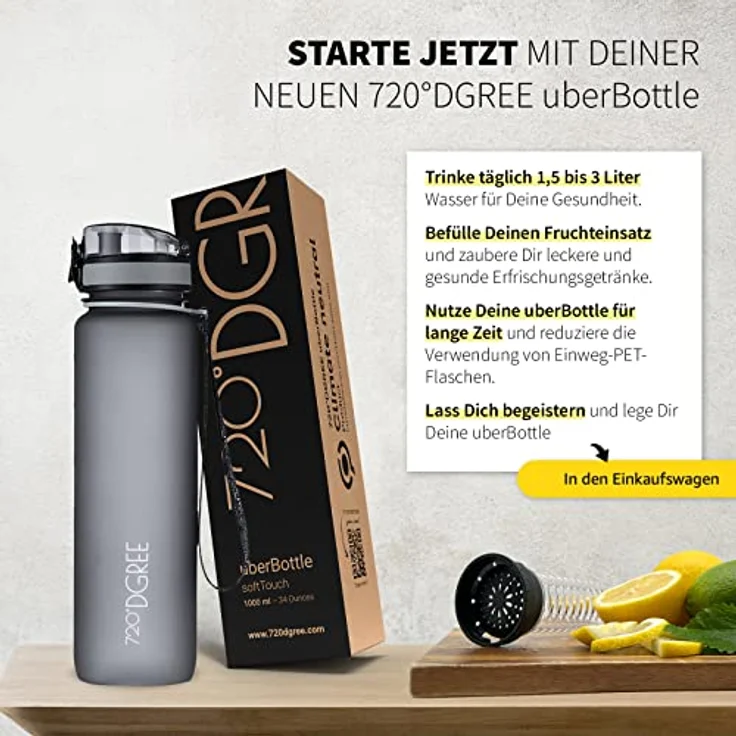 Trinkflasche Wasserflasche Fruchteinsatz 1L - BPA-Frei uberBottle 720 DGREE stone gray – Bild 6