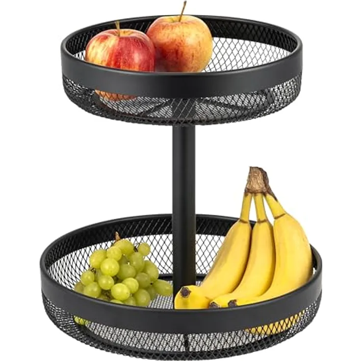 eluno 2-stöckige runde Obstetagere aus schwarzem Metall, vielseitig einsetzbar zur übersichtlichen Lagerung von Obst, Gemüse, Brot und Snacks, Ø 30 cm oben, 31,5 cm hoch