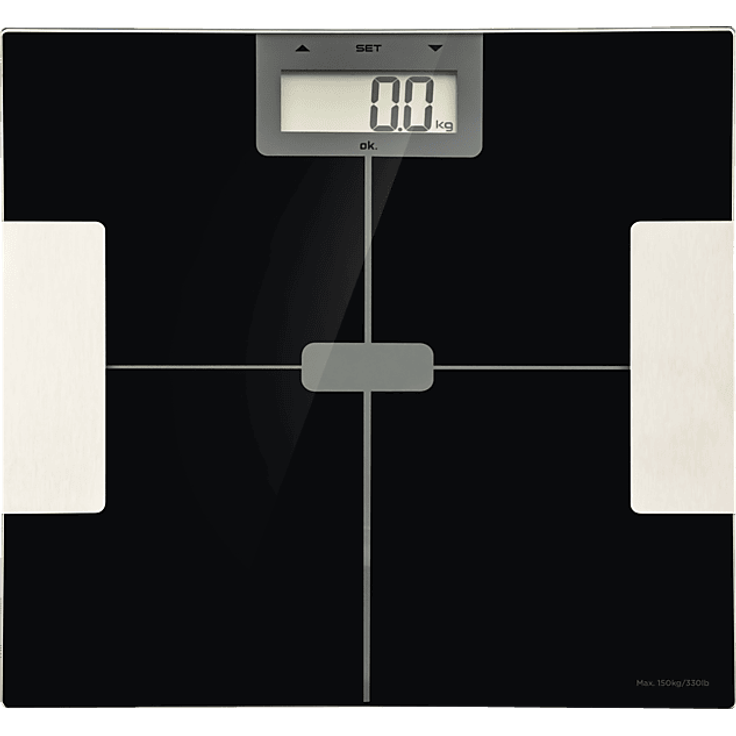 OK. OPS 15422 B, Körperfettanalysewaage in Schwarz mit LCD-Display, 150 kg Tragkraft, Körperfett- und Wasseranteil, Muskel- und Knochenmasseanalyse, BMI-Anzeige