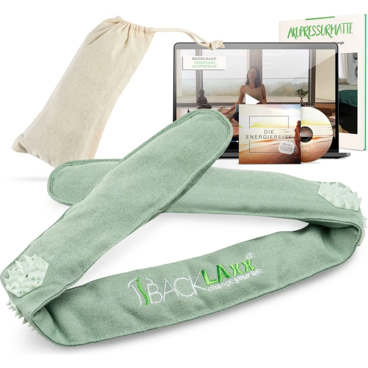 BACKLAxx® Massagegerät Akupressur Stirnband, Kopfband, Kopfmassagegerät mit Tasche zur Kopfmassage, Intensitätsregulierung durch Klettverschluss, nachhaltiges Halbleinen, 230 Spitzen, extra intensiv - blau – Bild 1