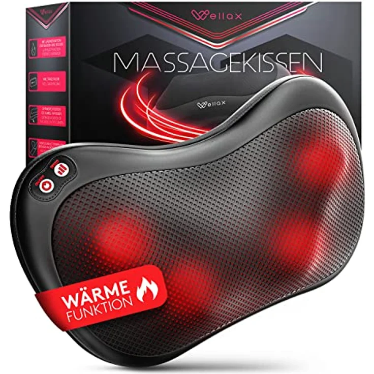 Wellax - Massagekissen mit Wärmefunktion & 360° Drehung - Shiatsu Nackenmassagegerät mit 3 Geschwindigkeiten für Schultern & Rücken - inkl. Verlängerungsgurt - Neck Massager, Schwarz – Bild 1