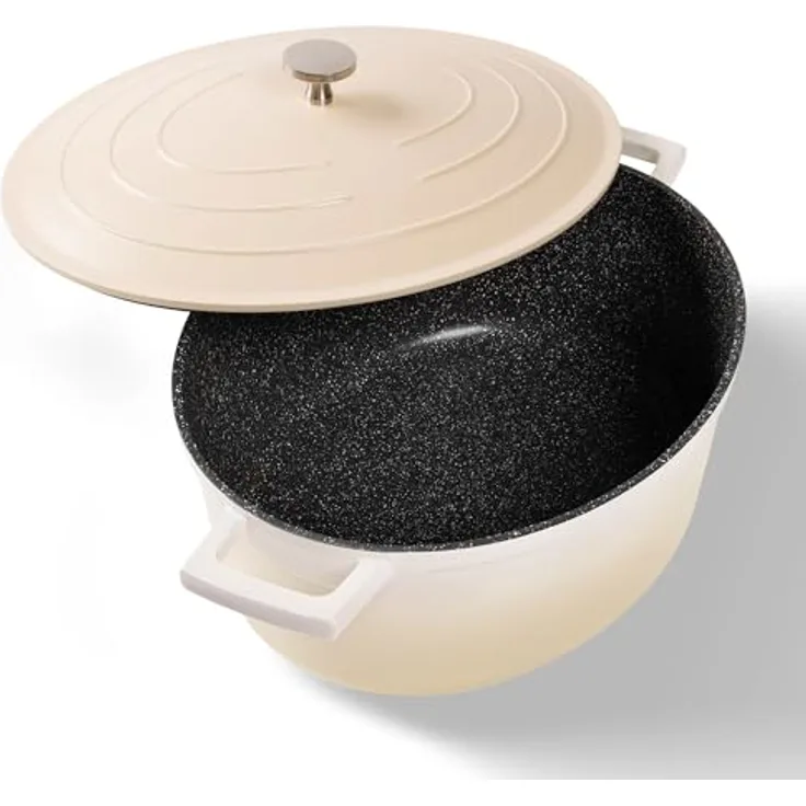 STONELINE Cocotte Bräter mit Deckel Induktion 32 cm, 6,6 L, Aluguss Topf mit echten Steinpartikeln, Backofengeeignet, Creme