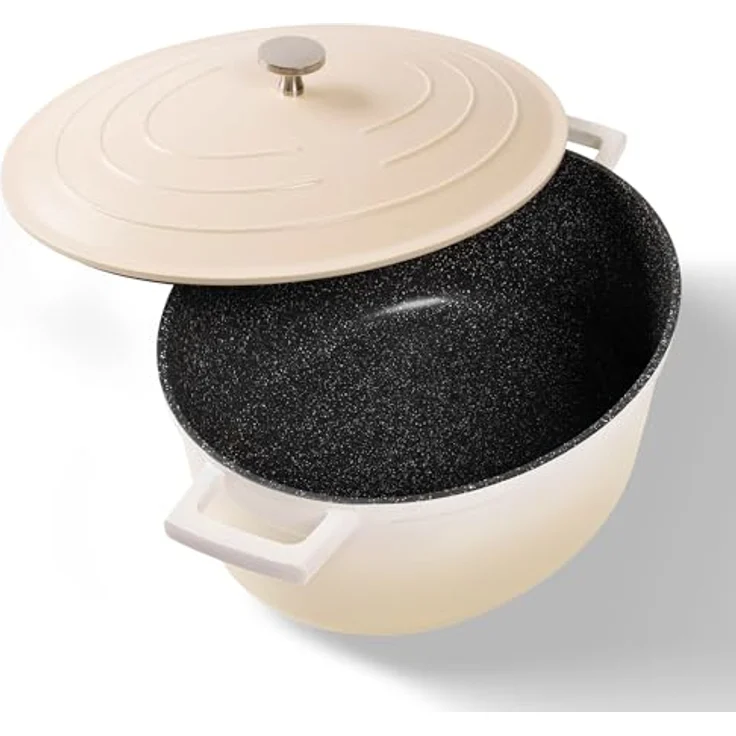 STONELINE Cocotte Bräter mit Deckel Induktion 32 cm, 6,6 L, Aluguss Topf mit echten Steinpartikeln, Backofengeeignet, Creme – Bild 1