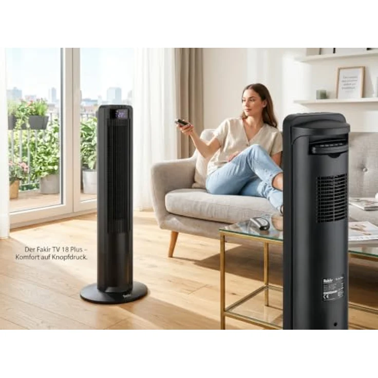 Fakir TV 18 PLUS Turmventilator mit 40W Motor, 60° Oszillation, Display, Fernbedienung & Tragegriff, leise – Bild 7