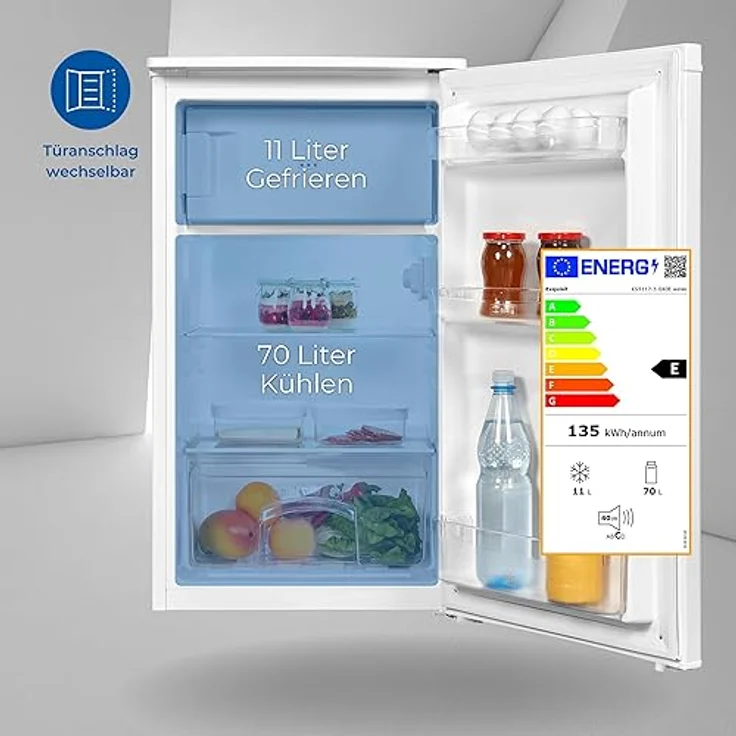 Exquisit Kühlschrank KS5117-3-040E weiss | 81 l Volumen | Kühlschrank mit Gefrierfach freistehend | LED-Licht | Gemüsefach | Freistehender Kühlschrank mit Gefrierfach – Bild 2