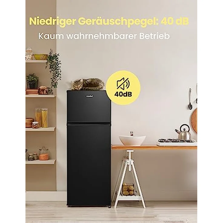 Comfee RCT284DK2A Kühl-/Gefrierkombination/Gefrierteil oben/176 kWh/Jahr/143cm Höhe/LED Licht/Reversibles Türscharnier/Schwarz – Bild 5
